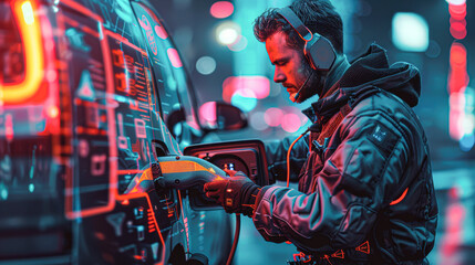 Futuristic Electric Vehicle Charging Station Cyberpunk Mechanic with Power Data Overlay