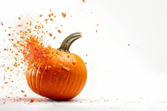  A carved pumpkin bursting into pieces against a white background