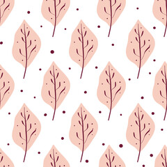 Seamless pattern with autumn leaves. Trendy flat style. Great for backgrounds, apparel, cards, gift wrapping paper, home decor etc.