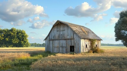 Obraz premium Rustic barn surrounded by fields, weathered wood structure, rural agricultural setting
