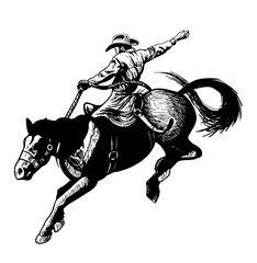 Retro style, hand drawn illustration of rodeo cowboy, horse rider vector illustration, Isolated on white background