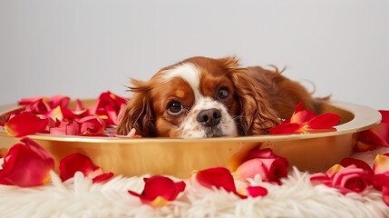Cavalier King Charles Spaniel Relaxing Amidst Rose Petals in a Golden Bowl