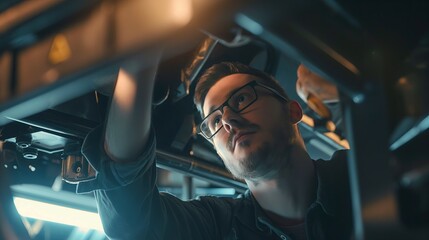 Car Mechanic Working on a Vehicle's Underbody in a Professional Workshop