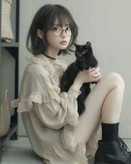 黒猫を抱く眼鏡をかけた若い日本人女性のポートレート
