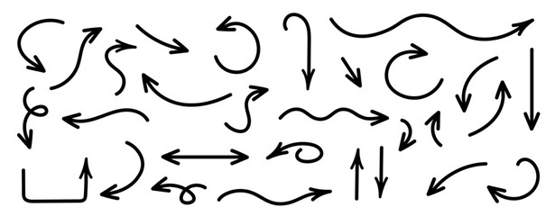 Set of vector hand drawn arrows. Doodle style. Collection of arrows. Black arrows isolated on white background.