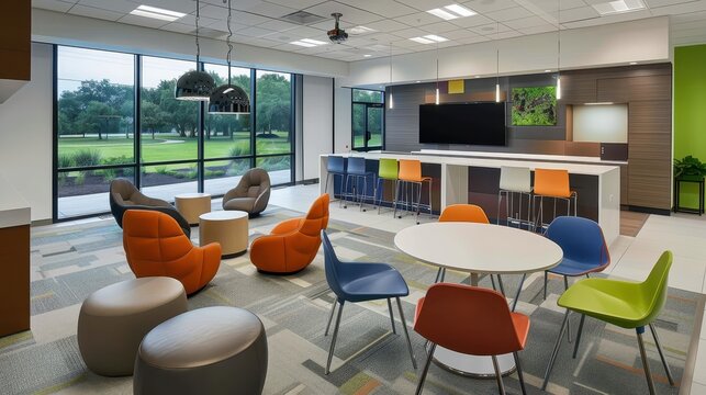 Modern office break room with colorful seating, large windows, and natural light. Comfortable space for relaxation and collaboration.