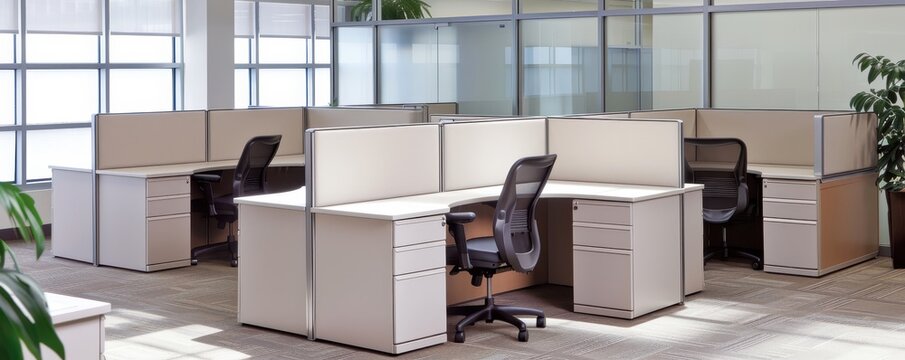 Modern office cubicles with ergonomic chairs, bright natural lighting, and a clean, organized workspace promoting productivity and focus.
