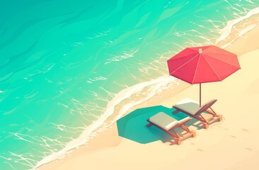 Naklejka premium Beach Chairs and Umbrella on Sand with Blue Water Background, Top View Flat Design