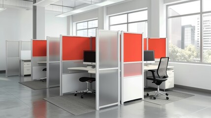 Modern office space with cubicles, featuring sleek design, contemporary furniture, and vibrant red partition panels under natural light.