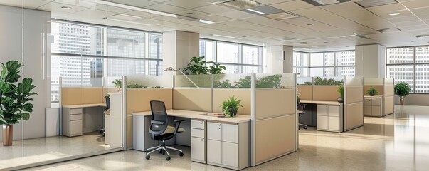 Modern office space with cubicles, desks, chairs, and plants in a bright and spacious environment with large windows.