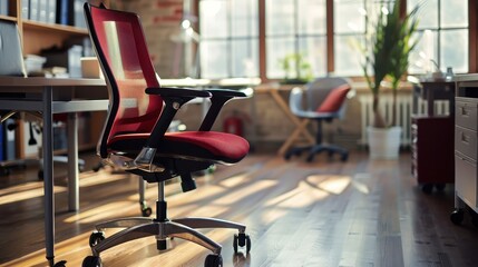 Fototapeta premium Modern office space with ergonomic red chairs, wooden flooring, and natural light. Cozy and stylish work environment.