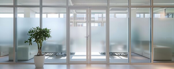 Modern office space with frosted glass walls and partitioned meeting rooms, creating a sleek and professional environment.