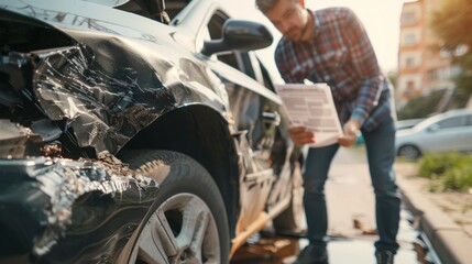 male insurance agent inspects damaged car after accident