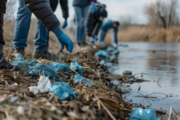 Obraz premium Taking a medical face mask off while cleaning trash in nature by an environmentalist.