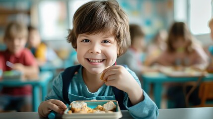 Bright Student Enjoying Lunch Break at School Desk