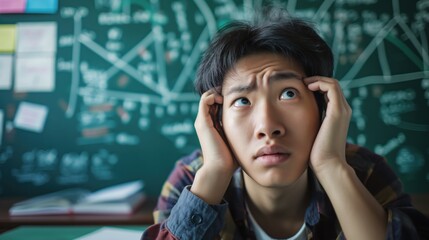 Stressed high school student searching for answers, with a mathematical function graph in the background.