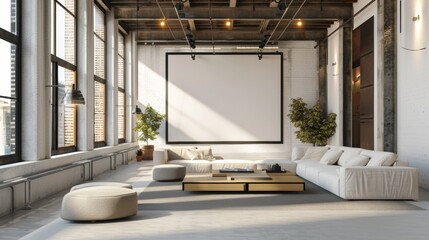 Fototapeta premium A large white living room with a white couch and a white coffee table