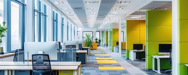 Modern open office space with colorful partitions and large windows providing abundant natural light, promoting a productive work environment.