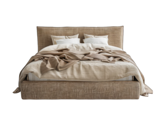 3d model of bed with beige and brown fabric, transparent white background, front view