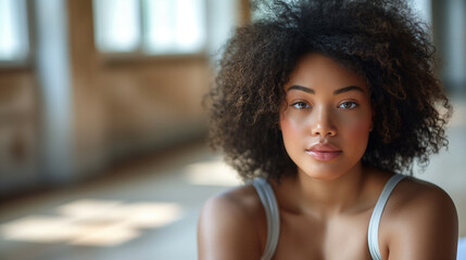 A telephoto angle photo of a plus-size female ballet dancer taking a moment of rest, sitting on the studio floor with a serene expression, with copy space