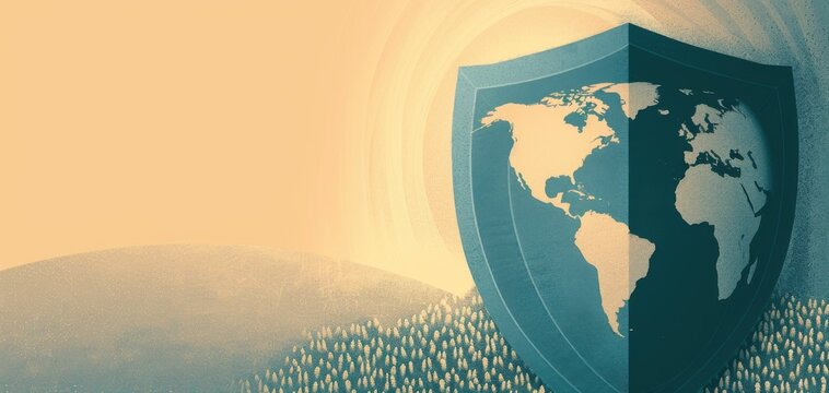 An illustration of a shield protecting a globe, symbolizing global cybersecurity efforts and international data protection