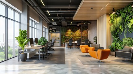 Modern open-plan office space with natural light, indoor plants, and contemporary furniture. Ideal for creative and collaborative work environments.