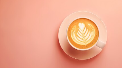 Obraz premium Top view of Latte in mugs with latte art, pink background