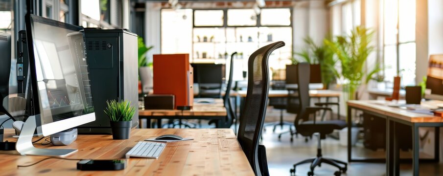 Modern open-plan office space with desks, computers, and greenery, bathed in natural light, promoting a productive and inviting work environment.