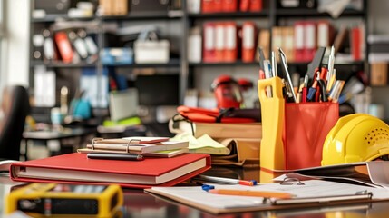 Office desk with various stationery items, notebooks, and books in a busy, organized workspace. Shelves in the background with files and folders.