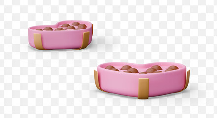 Open box of chocolates in horizontal position. Sweets in pink packaging