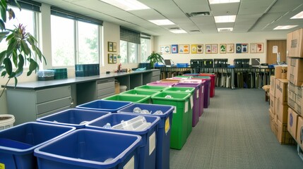 Spacious room with large recycling bins and organized shelves, promoting an eco-friendly environment in an office or educational setting.