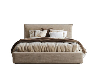 Obraz premium 3d model of bed with beige and brown fabric, transparent white background, front view
