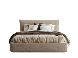 3d model of bed with beige and brown fabric, transparent white background, front view