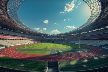 A breathtaking panoramic view of a modern stadium showcasing its impressive architecture and grandeur. The stadium's sleek design and vibrant colors create an electrifying atmosphere.