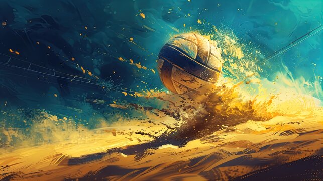 Energetic Volleyball Impact on Beach Court for Summer Sports Posters