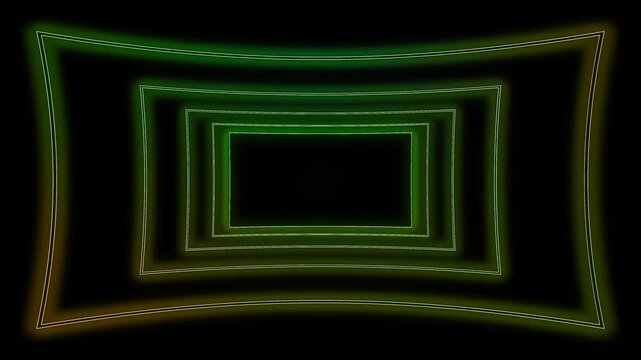 Green beige neon rectangles frames border zooming flying forward through rectangular corridor, long seamless looped tunnel animation rectangle frame border, appearing glowing 4k