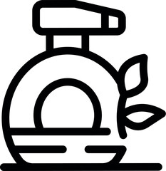 Line icon of a cosmetic product packaging with a pump dispenser and leaves, suggesting natural ingredients