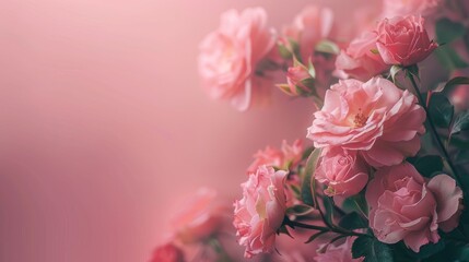 Fototapeta premium Delicate rose bouquet on light pink background with copy space and pastel frame