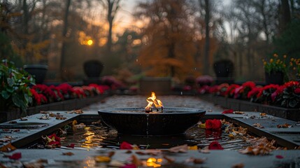 Memorial Serenity evokes a sense of peace and reflection. The picture could depict a tranquil scene in a beautifully landscaped garden or cemetery. Soft light, perhaps from a setting sun, bathes the 