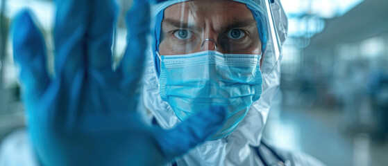 A doctor wearing a mask and gloves, showing healthcare hygiene standards