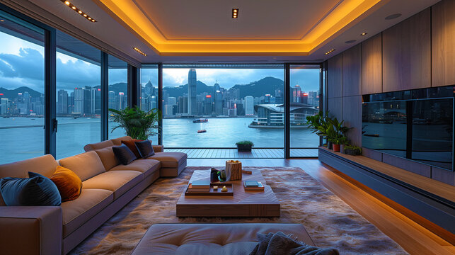 Dans le living-room d'une maison de luxe, la vue sur la mer est sublime. Une table en bois, des chaises &eacute;l&eacute;gantes et une architecture raffin&eacute;e d&eacute;finissent l'int&eacute;rieur.