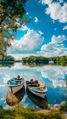 serene lake with boats floating, lush green shore. Tranquil lake reflecting the sky with fluffy clouds. 