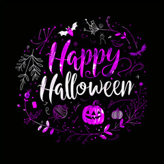 Happy Halloween template or party invitation card background with pumpkins, bat, and spider decorated with vines and leaves, "Happy Halloween" logo on the center, with a whimsical and playful feel