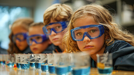 A group of children wearing blue safety goggles are looking at a table with vari