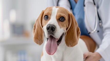 Close-up of a happy Beagle dog with its tongue out, being examined by a veterinarian in a clinic.