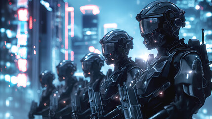 Fototapeta premium A line of futuristic soldiers in advanced combat suits and helmets stand in formation with a neon-lit cityscape in the background.