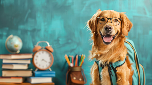 Cute fluffy dog wearing glasses sitting with backpack at school blackboard with stationery. Back to school banner. School supplies sale, special offer, online courses, distant education. Copy space