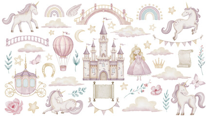 Watercolor clipart with Unicorns and princess castle in pastel pink and beige colors for Baby girls. Illustration of balloon, stars and clouds for childish design. Fantasy carriage and garlands.