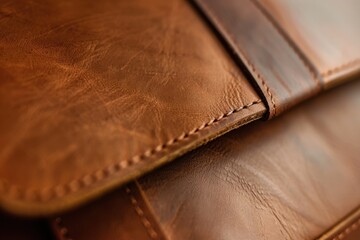 Close-up of a brown leather bag's stitched seam