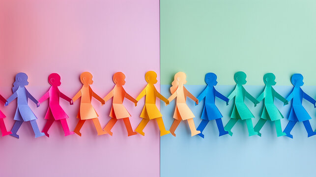 A row of colorful paper cut-out figures holding hands against a two-toned background of pink and green, symbolizing unity and diversity.